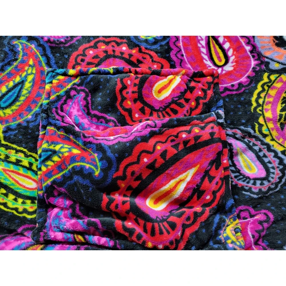 Vera Bradley Neon Paisley Plush Throw Blanket Black Pink Blue Foldable Pocket